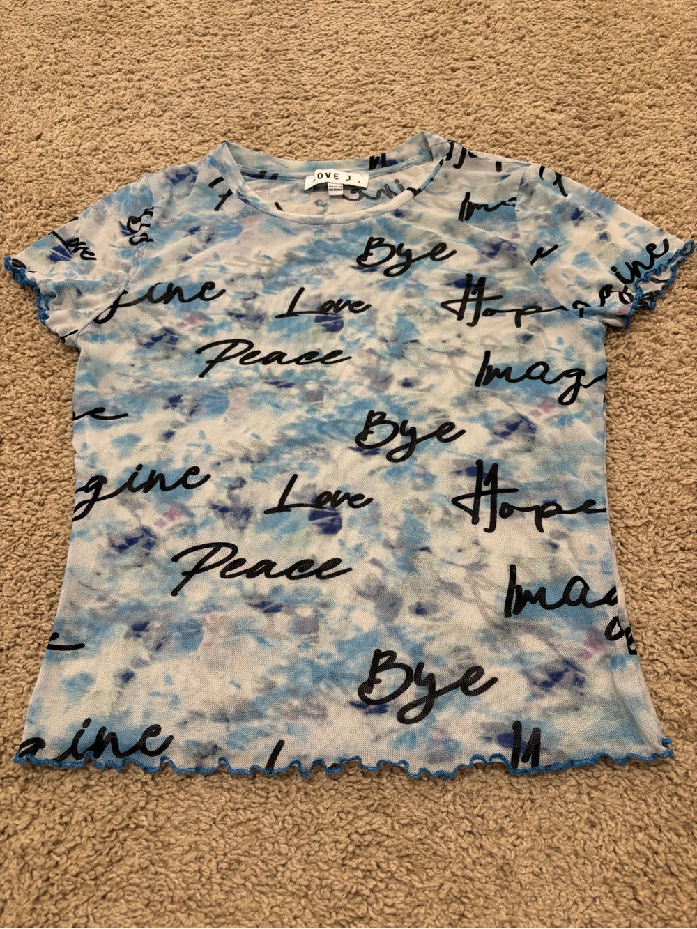 Love J Blue Tie Dye Sheer Mesh Baby Tee Crop Top Y2K Lettuce Hem Medium